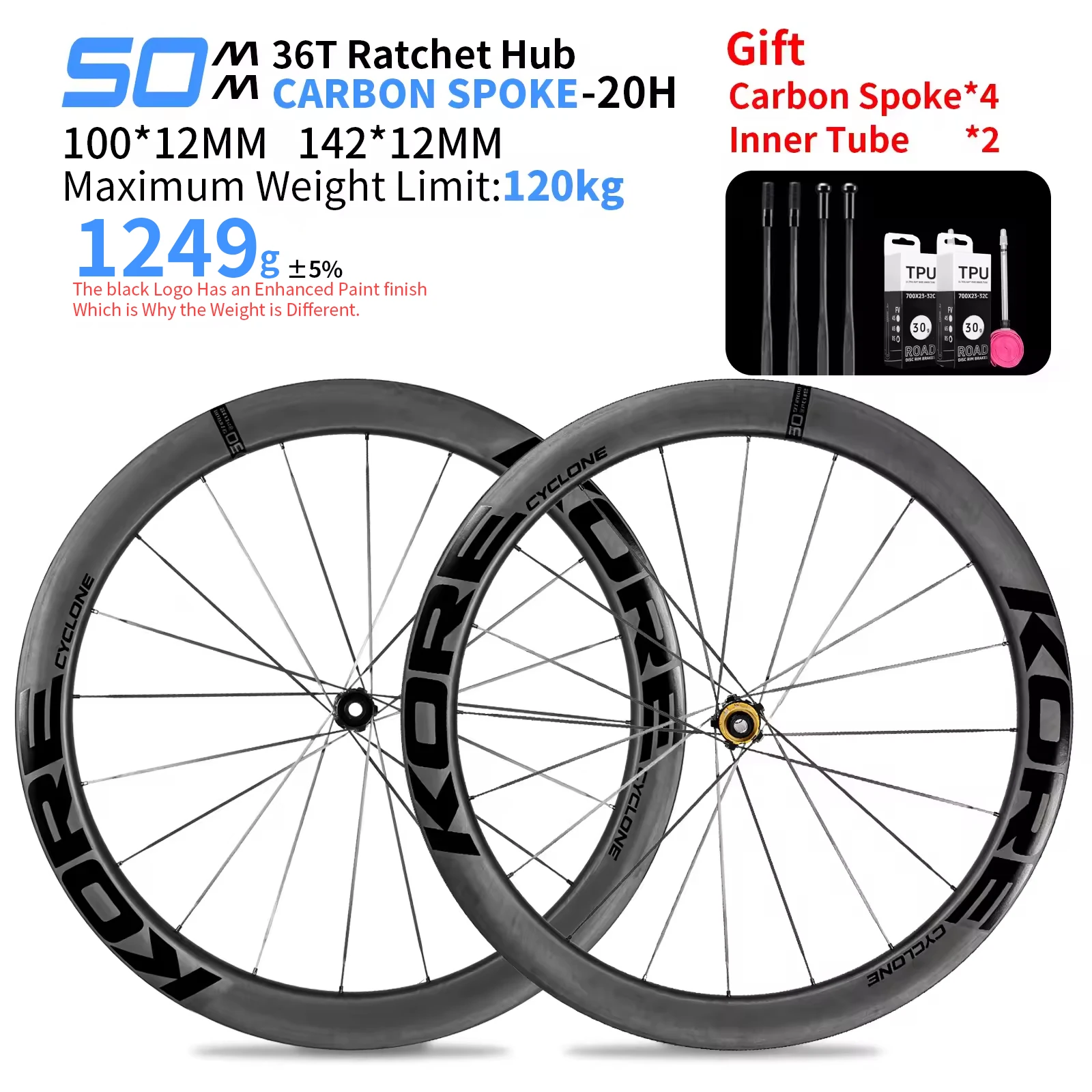 KORE Carbon Spaakwielset - 50mm - T1000 Carbon Velgen 36T/60T Ratchet Naaf XDR/HG 700C Ontwerp voor Ultralichte Raceprestaties
