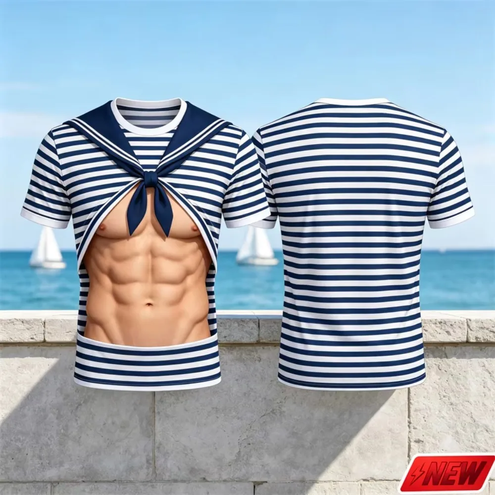 Fun Striped Sailor-style Fake Abdominal Muscle Pattern 3D Printed Breathable Men's Role-playing T-shirt Casual Parties Vacations