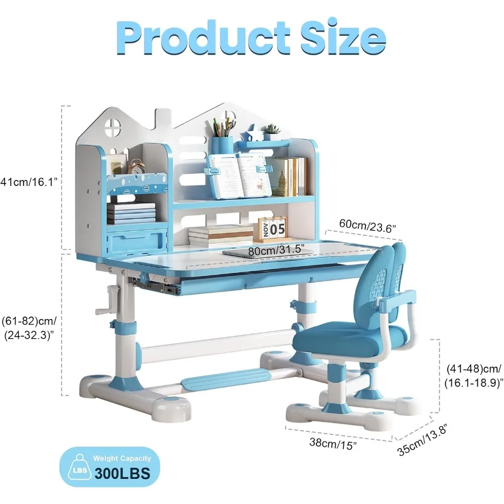 Zestaw biurka i krzesła dla dzieci - regulowane w wysokości ergonomiczne biurko do nauki z łatwą obracaną korbą, 50 °   Półka na biurko z możliwością nachylenia, szuflada do przechowywania