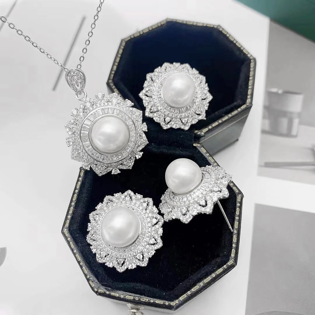 MeiBaPJ 10-11mm 925 Silver Natural White Pearl Fashion Flower Jewelry Set Pendant Earrings Ring Fine Wedding Jewelry for Women