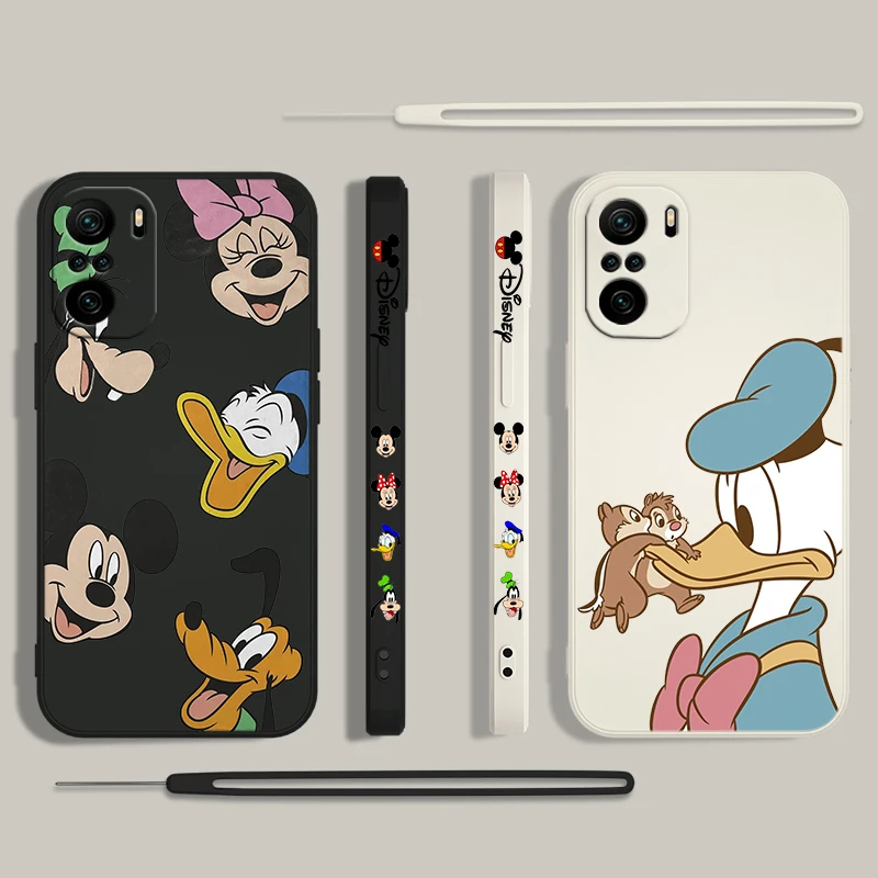 Mickey Mouse And Donald Duck For Xiaomi Redmi Note 13 12 12Pro 11 11S 11T 10S 10 Pro Plus 5G Liquid Left Rope Phone Case