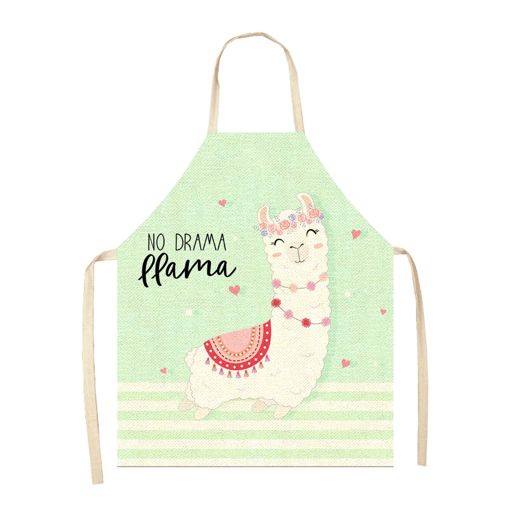 1pc, No Drama Llama Apron Funny Animal Print Linen Kitchen Apron with Floral Llama Design Green Striped Background