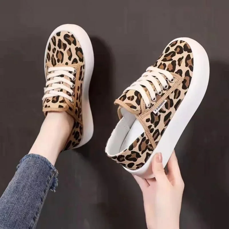 Canvas Platform Shoes Women Korean Leopard Sneakers Thick Sole Lace Up Slip on Casual Shoes Woman Walking Loafers Zapatos Mujer