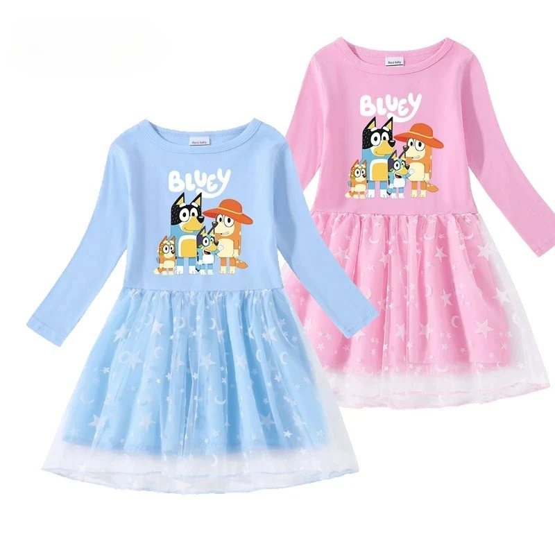 

New Spring Autumn Blueys Girls' Dress Cotton Printed Cartoon Star Moon Mesh Long Sleeve Princess Dress Girl Birthday Party Gifts