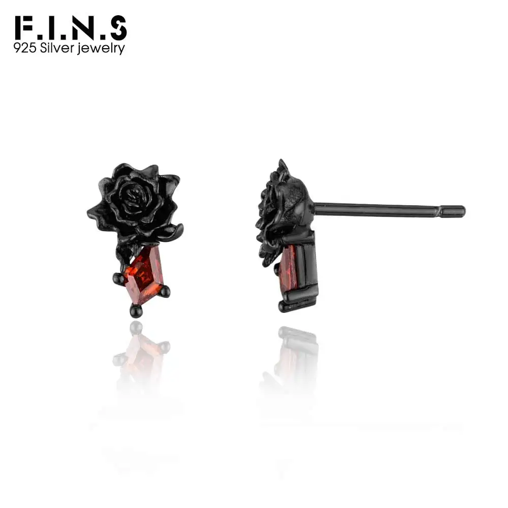 F.I.N.S Retro antiguo S925 plata esterlina negro Rosa Stud pendientes mujeres pequeño circón rojo Piercing oreja accesorios de joyería fina