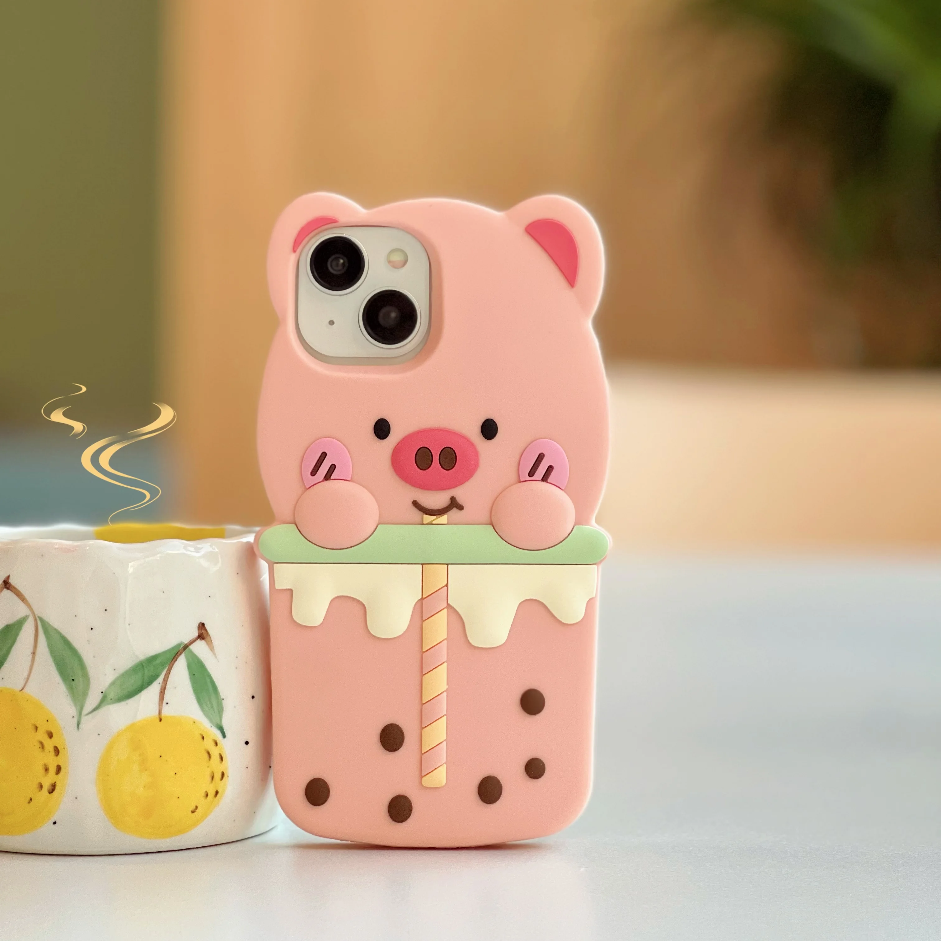 Soft Silicone Case for Phone Back Cover, Cute Cartoon, Bubble-Tea Pig, Shockproof, Phone Skin, 3D, Cute, iPhone 11, 12, 13, 14 P