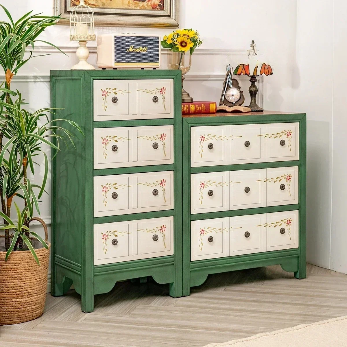 American-Style Three-Bucket Cabinet Solid Wood Storage Cabinet Living Room Curio Cabinet Green Bedside Table Retro Painted