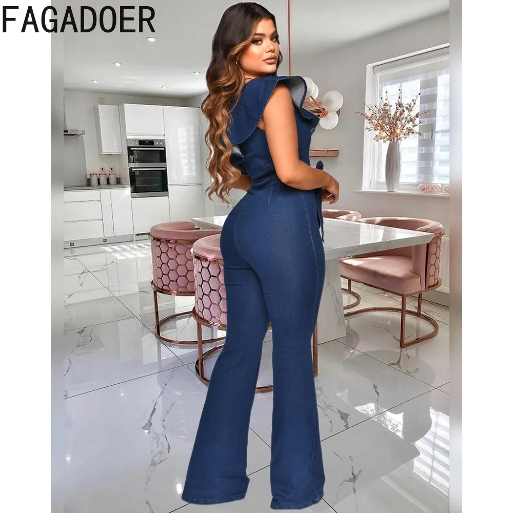 Imagem -03 - Fagadoer-macacão Jeans de um Ombro Feminino sem Mangas com Renda Macacão Bodycon Senhora Elegante Design Plissado Cowboy Geral