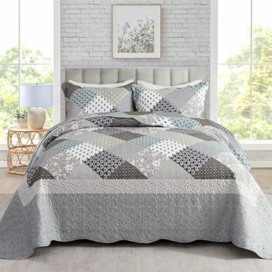 

3-Piece Quilt Set Quilted Bedspread Garden Style Floral Printed Oversized Microfiber Lightweight Coverlet Set with Shams Exquis