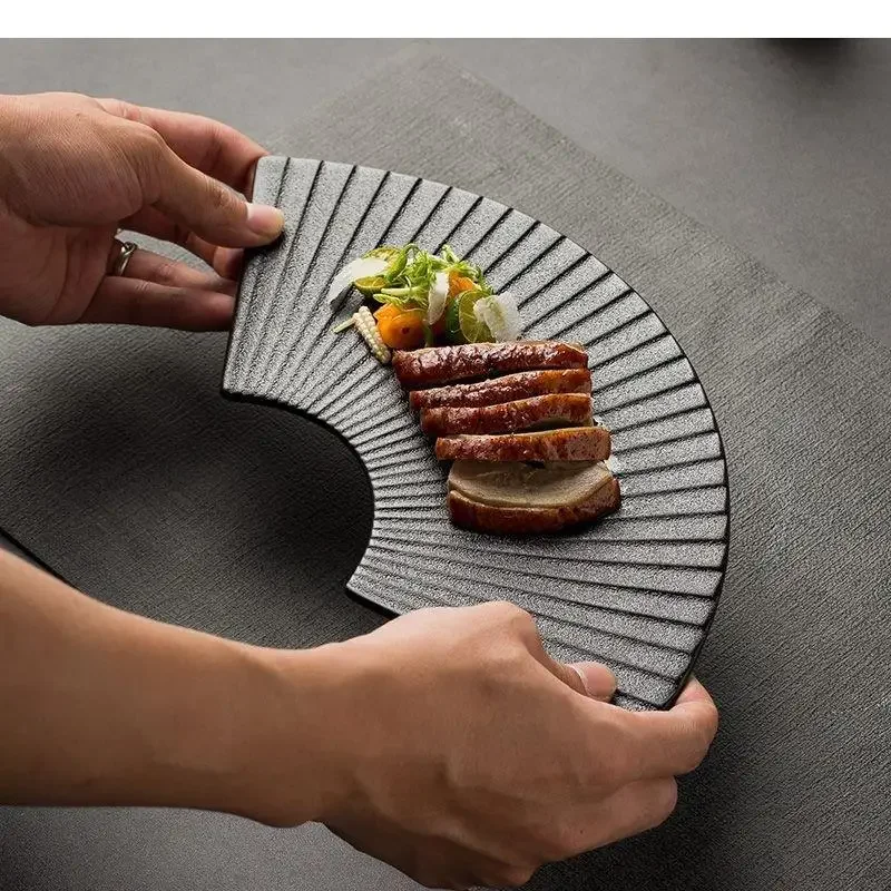 Ceramic Dinner Plate Restaurant Fan-shaped Striped Sushi Dessert Snack Plates Solid Color Tableware