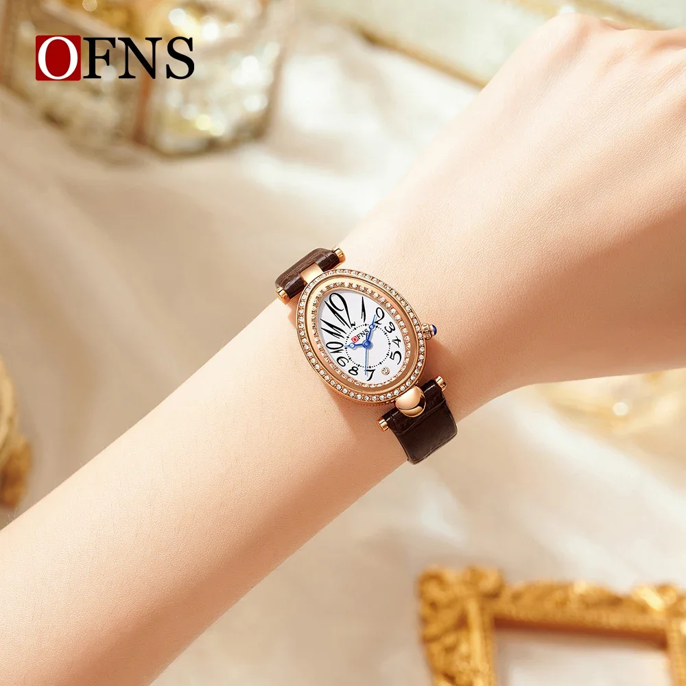 OFNS 1540 ساعة نسائية قطرة الماء ريترو لايت فاخر قسط مقاوم للماء ساعة كوارتز البيضاوي موضة الماس مجموعة ساعة نسائية