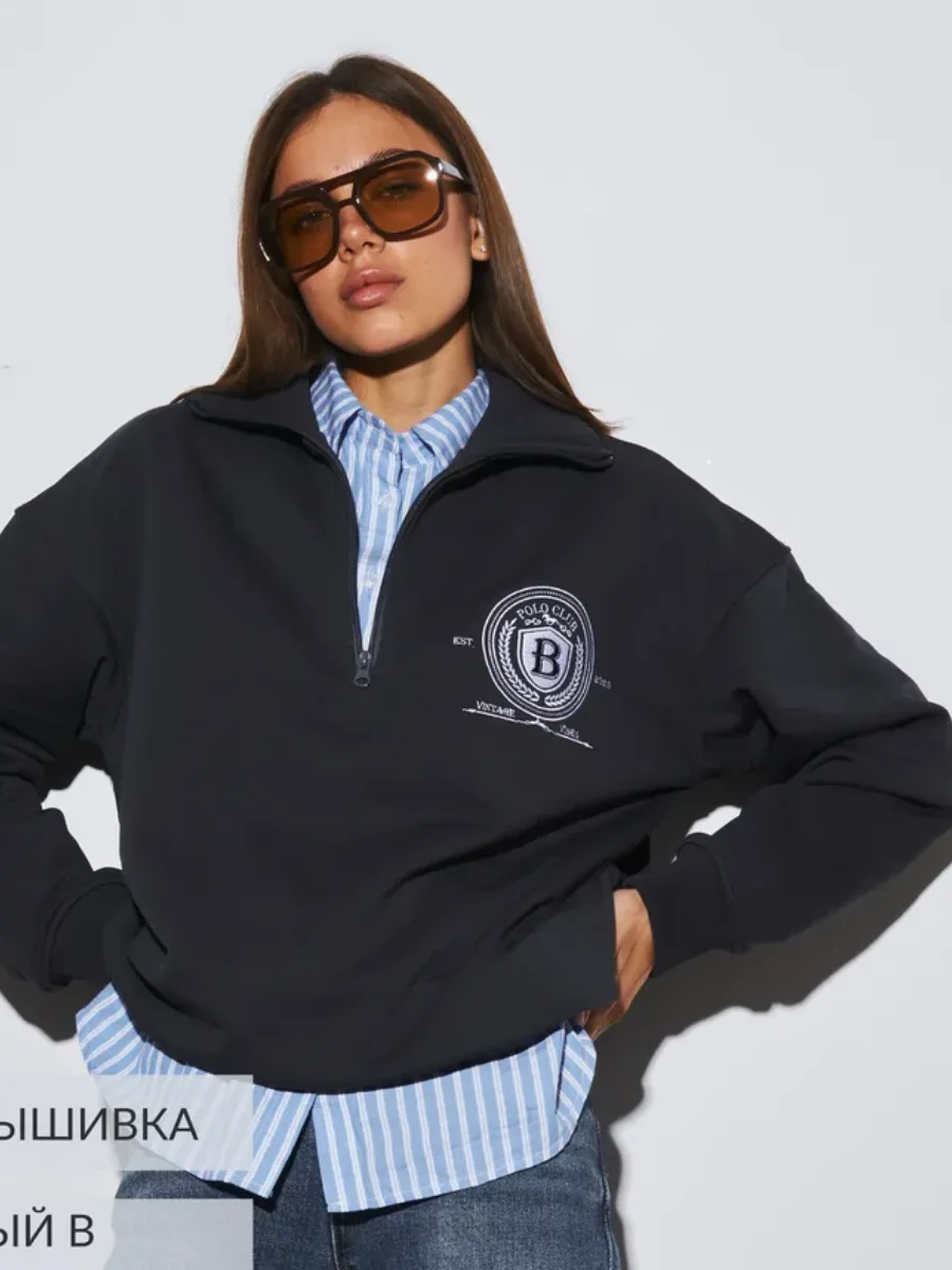 Bluza z klapą zapinaną na zamek, w stylu retro, z nadrukiem odznaki, z długim rękawem, luźna, sportowa, idealna dla studentów, na jesień i zimę.