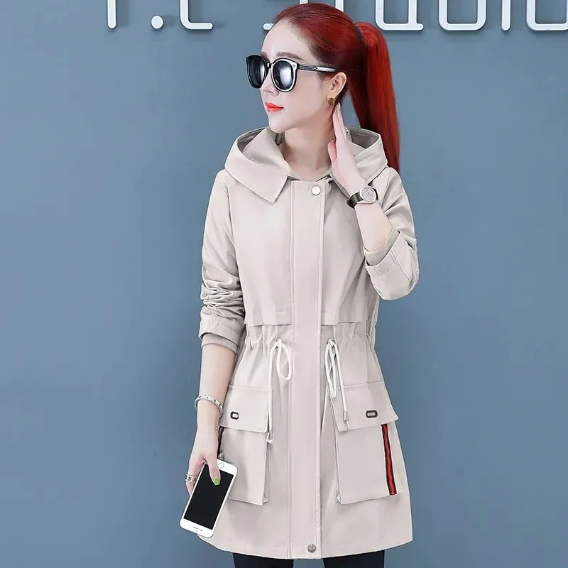 

2022 New Spring Autumn Jacket Slim Women's Windbrealer Letter Casual Top Hooded Trench Coats Tether Zipper Fashion Ladie Outwear