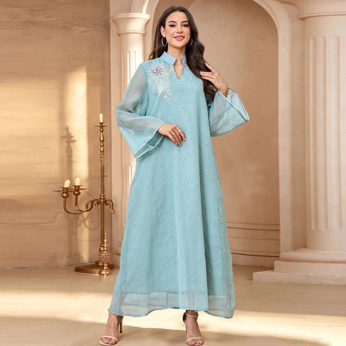 

Zahraa Muslim Elegant Diamonds Dress Floral Beading Abaya Dubai Mesh Sleeve Dresses For Women Gala