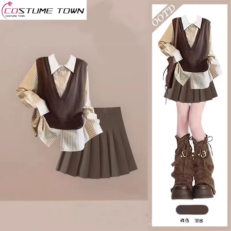 

Spring and Autumn Style Fashionable Age Reducing Striped Shirt Knitted Tank Top+Casual Short Skirt Elegant Women's 3-Piece Set