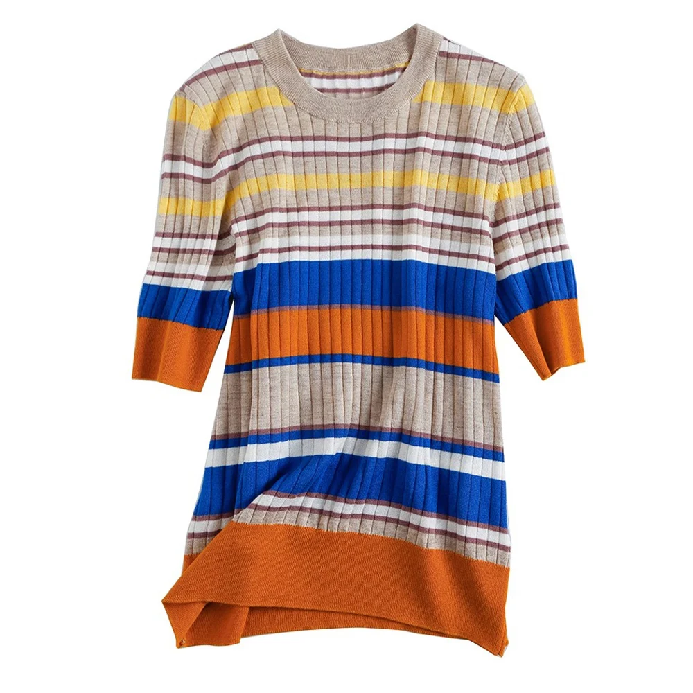 European Station Short sleeved T-shirt Women's Summer New High Quality Fashion Striped Knitwear Slim Fit Casual Top