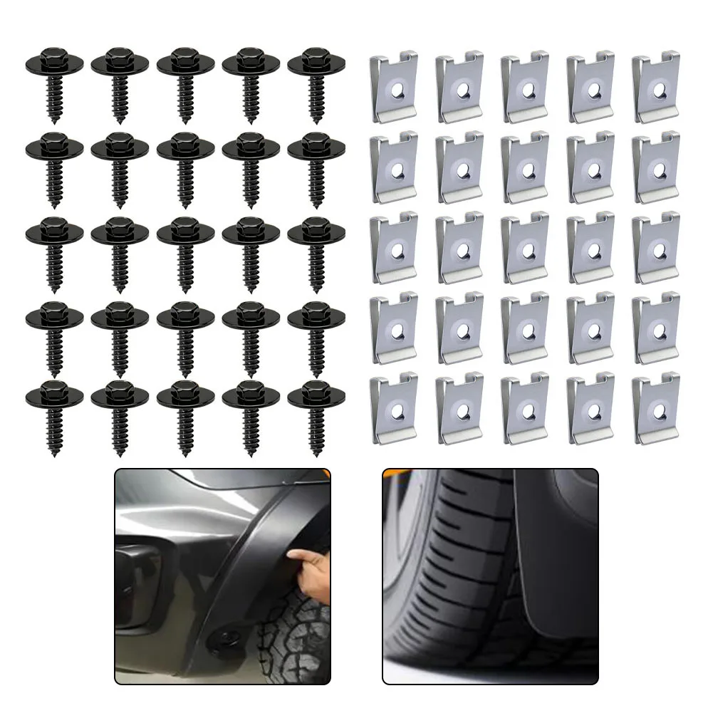 50Pcs Fender Liner Screw U-bolt Kit Engine Hex Head Screws U Clips Automotive Body Screws Clips For Auto Bumper Mudguard Fender
