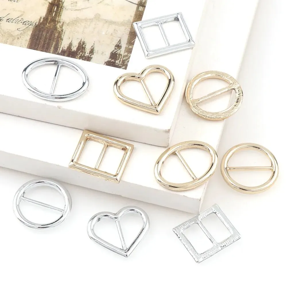 10pcs Buckle Heart Square Oval Round Ribbon Slider Ribbon Buckles for DIY Craft Silver 5 Shape