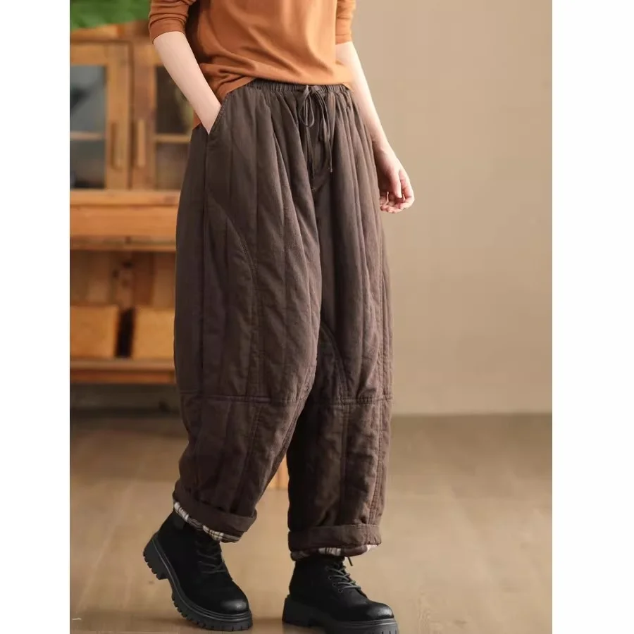 Retro Pants for Women, Winter Warm High Waisted Trousers, Thick Cotton Quilted Loose Casual Pants w1919