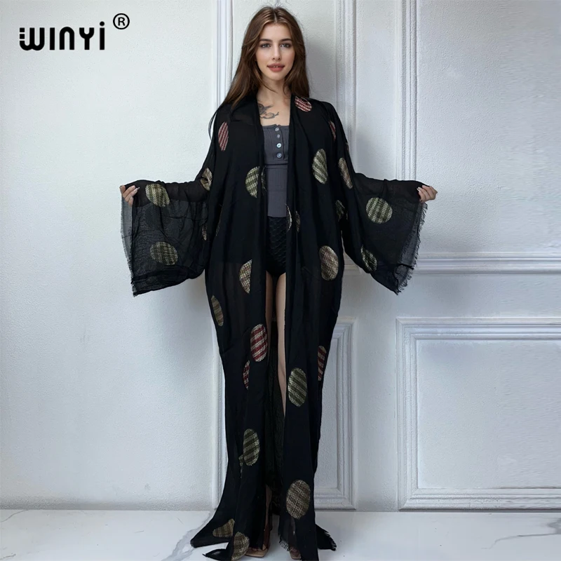 WINYI letnie haftowane seksowny kardigan okrycie plażowe strój kąpielowy eleganckie afrykańskie kobiety otwierana abaya wakacyjna sukienka plażowa