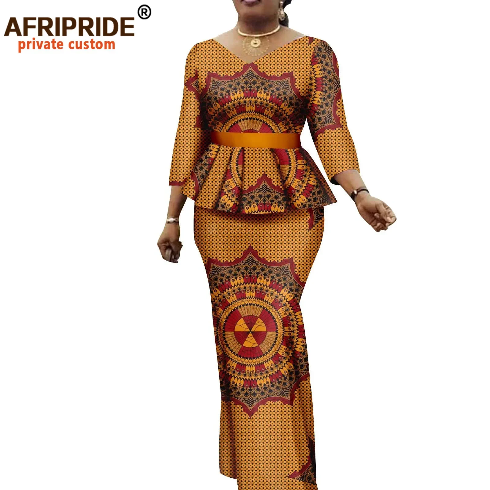 African Clothes for Women Crop Tops and Maxi Skirts 2 Piece Set Vintage Traditional Outfits Ankara Attire with Belt A2226010