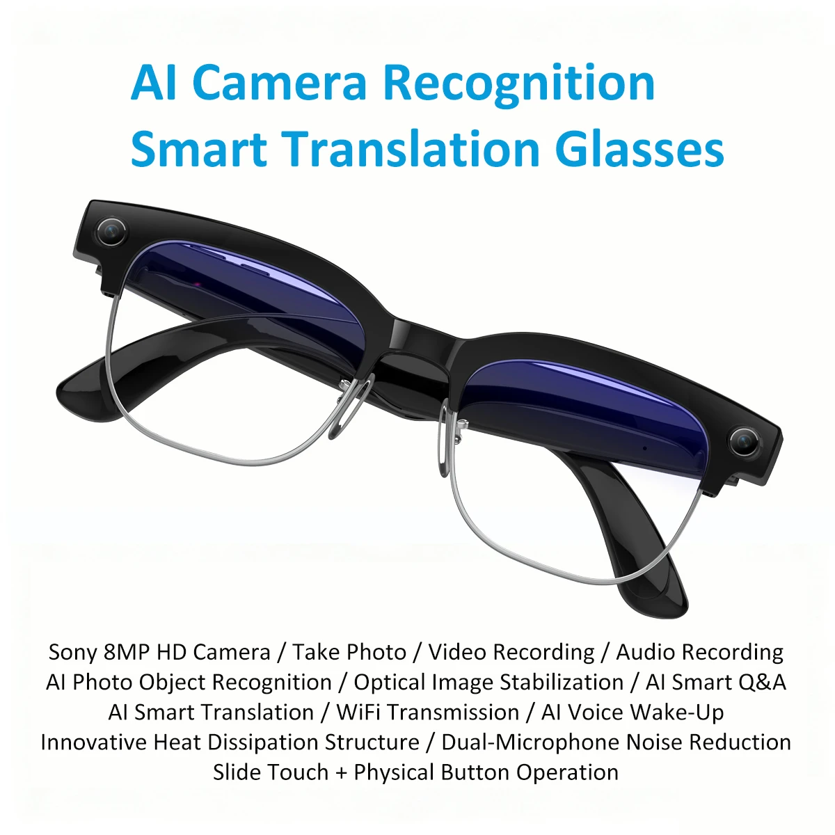 

AI Smart Glasses 8 Million Pixels Recording Videos Photo Recognition Answer Translation 290mAh IP66 Waterproof Bluetooth Glasses