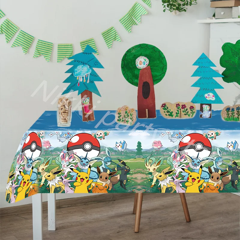 New Pokemon Tablecloth 130*220cm Table Cover Pikachu Birthday Decoration Cups Plates Baby Shower Happy Birthday Free Shipping