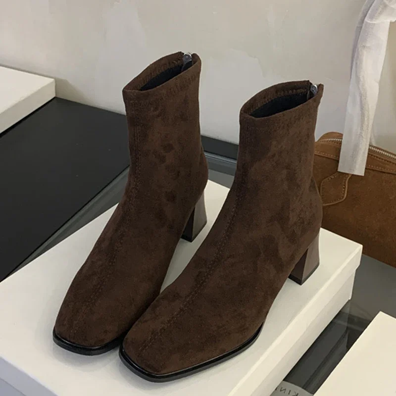 

Aneikeh Autumn Winter Square Low Heels Ankle Boots High Quality Concise Woman Shoes Fashion Zipper Botas Para Mujer