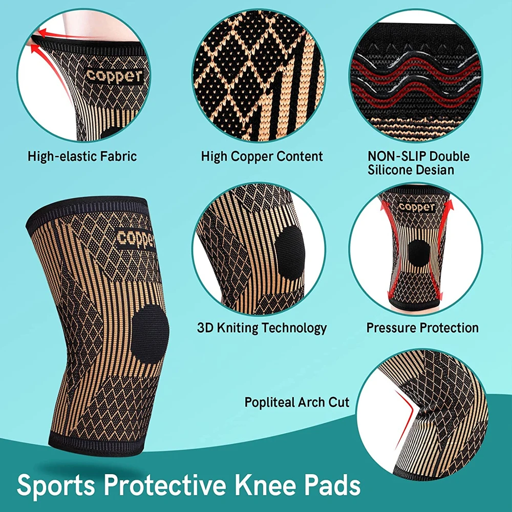 1Pcs Copper Knee Brace Compression Women Men Sports Knee Support Pain Relief Arthritis Copper Knee Sleeve Running Basketball