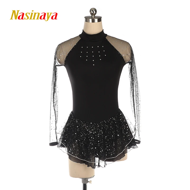 

Figure Skating Competition Training Dress Customized Girls' Gymnastics Performance Black And White Rose Pink Mesh Shiny Clothing