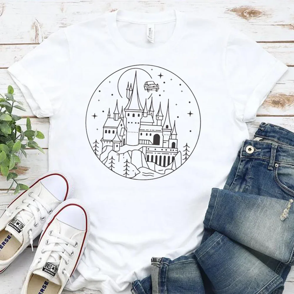 Magical Wizard Castle T Shirts for Women Clothing Universal Vacation Shirt Flying Car Wizard Wand Witchy Witchcraft and Wizardry