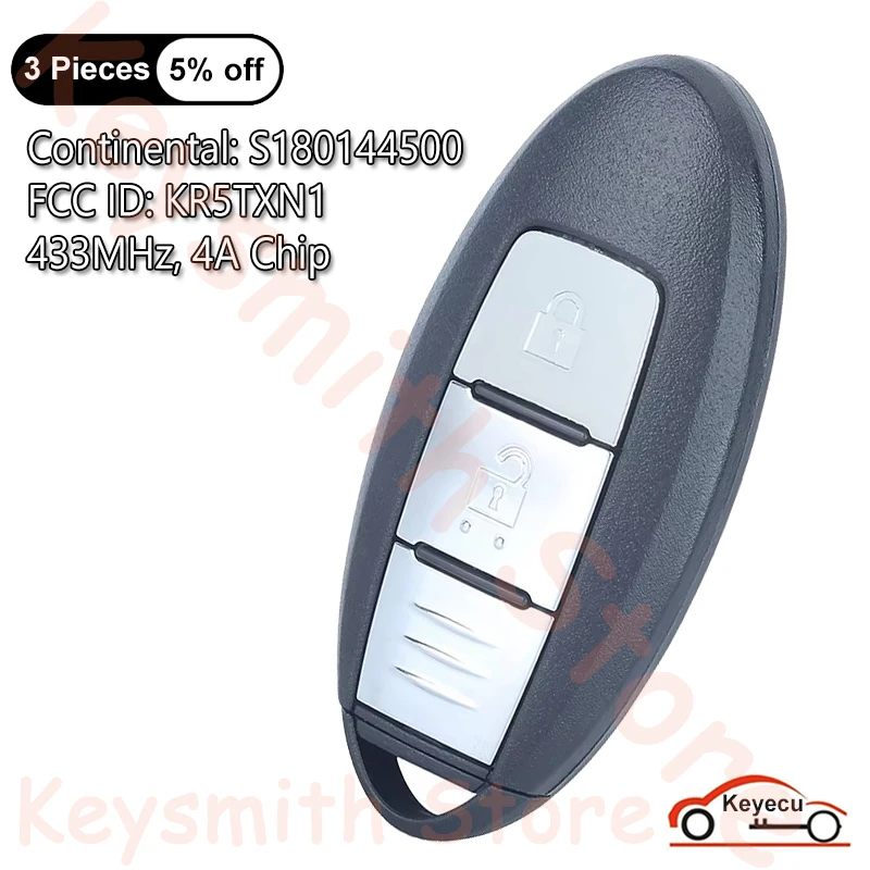 KEYECU 2 Buttons 433MHz 4A Chip for Nissan Kicks X-Trail 2019 2020 Smart Remote Control Key Fob S180144500 285E3-5RF0A KR5TXN1