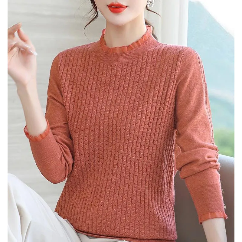 New Autumn Fashion Trend Lace Neck Fashionable Solid Color Loose Versatile Slim Age Reducing Women's Knitted Sweater