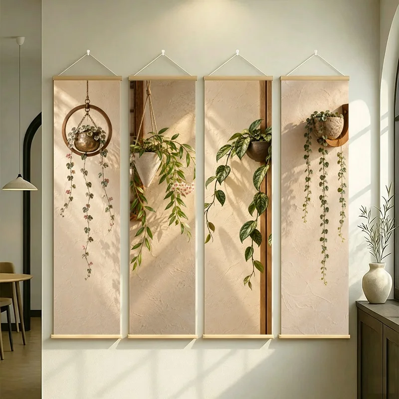Wall Art Million Hearts and Bella Hoya, Natural Wabi-Sabi Botanical Silver Shimmer Canvas Hanging Scroll for Reading Nook