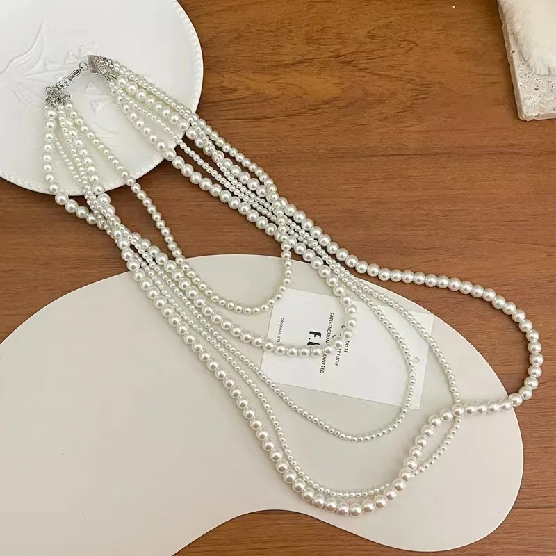Elegant Luxury Multi Layer Faux Pearl Necklace Layered Fashion Light Luxury Temperament Enhancing Sweater Chain Necklace