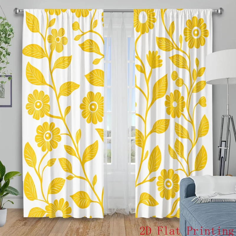 Minimalist Yellow Floral Vine Leaf Print Blackout Rod Pocket Curtain Clean White Warm Zen Homestay Bedroom Rest Bay Window