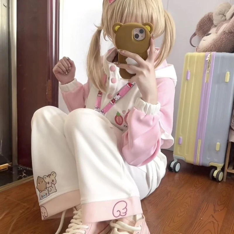Japanese Kawaii Full Length Straight Pants Sweet Women Casual Cartoon Print Slim Patchwork Embroidery High Waist 2025 Autumn
