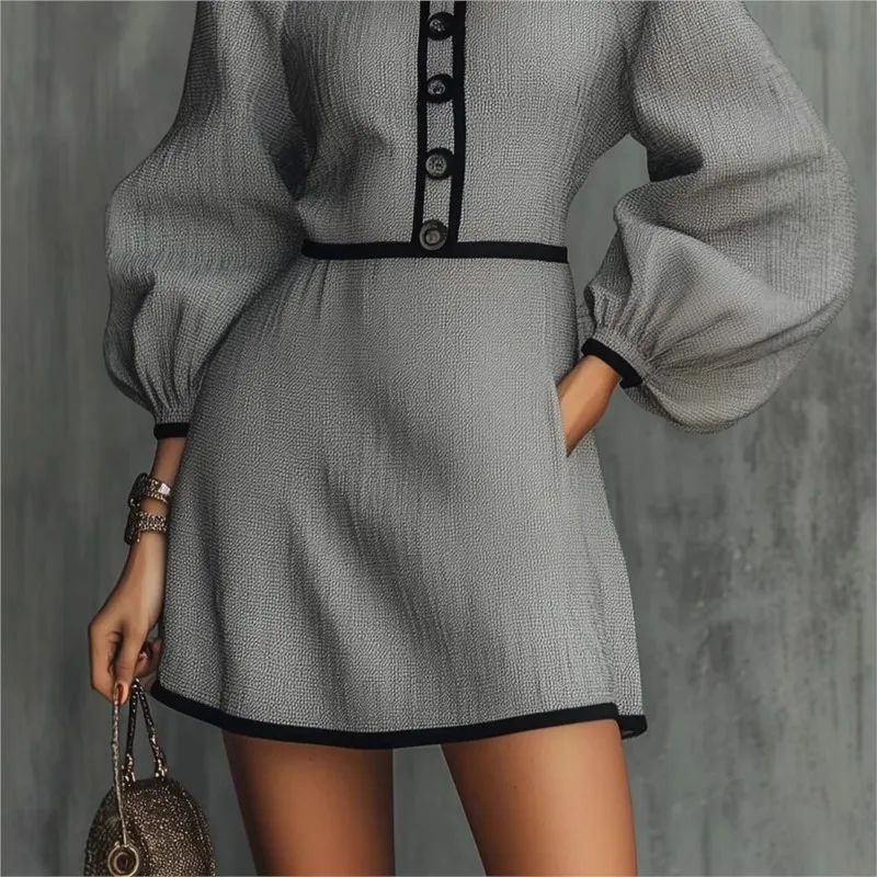 Slim Mini Dress Women's Elegant Lantern Sleeve Round Neck Button-Down Dress 2026 Spring Fall Office Commuting A-Line Dress