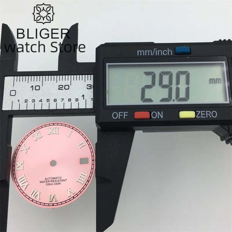 BLIGER/ Custom Logo NH35 Dial 29mm Pink Dial Roman/Diamond index Fit NH34 NH35 NH36 Movement