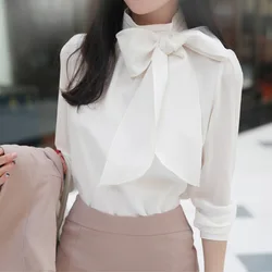 Work Style OL Elegant Puff Sleeve Blouse Korean Chic Loose Bow Chiffon Shirts Women Solid All-match Spring Blusas Mujer Moda