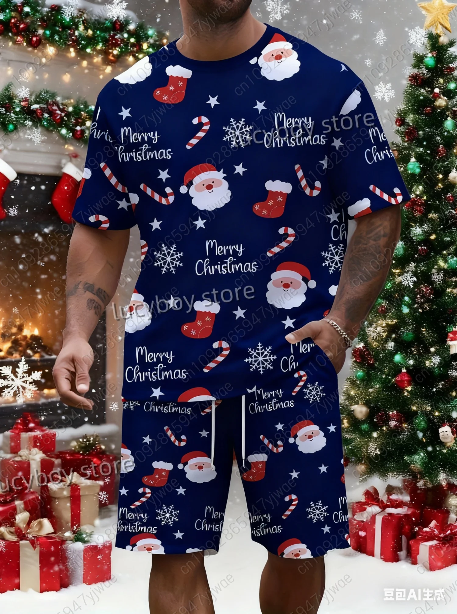 

Осенний комплект из 2 шт., рождественский мужской повседневный комплект с круглым вырезом и шортами для бега для взрослых, спортивный костюм больших размеров, комплект из 2 предметов, мужская одежда