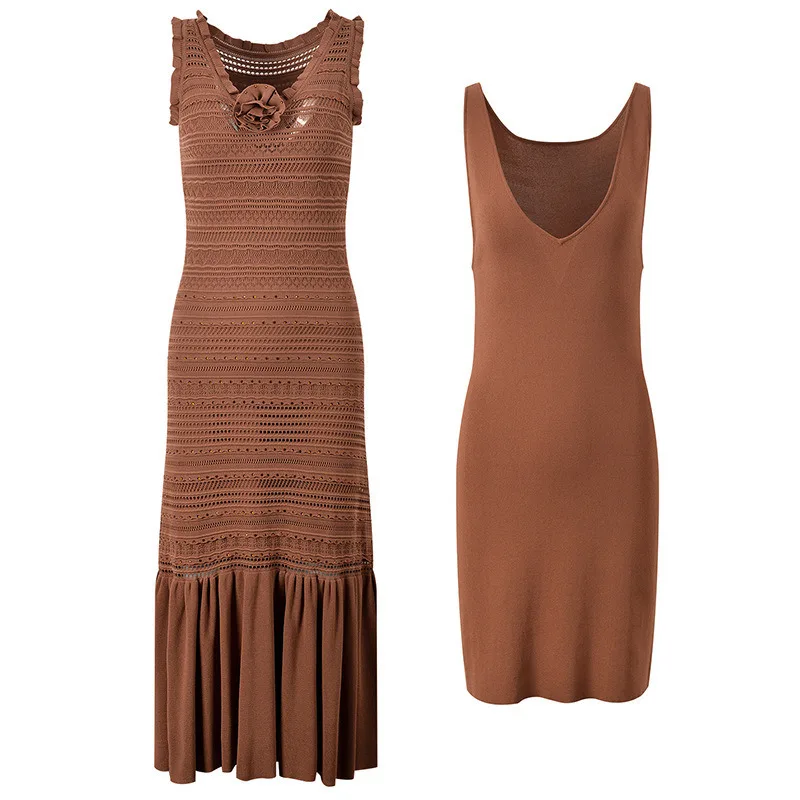 Dames Franse haakkant gebreide jurk 2025 - Bloemuitsparing ontwerp, mouwloze tank met ruches aan de zoom, lente-zomerjurk