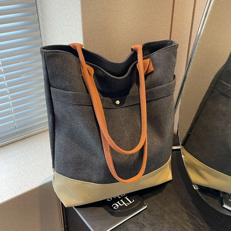 

High Quality Women's Tote Bag Canvas Hit Color Large Capacity Advanced Sense Handbag Convenient Practical Female's Commuter Bag