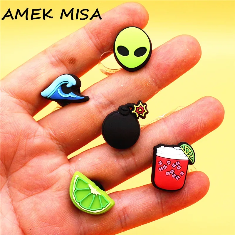 Original 1pcs Alien Drink PVC Shoe Charms Accessories Upper Decorations Sea Wave Lemon Bomb Clog Designer Buckle Mini Kids Gifts