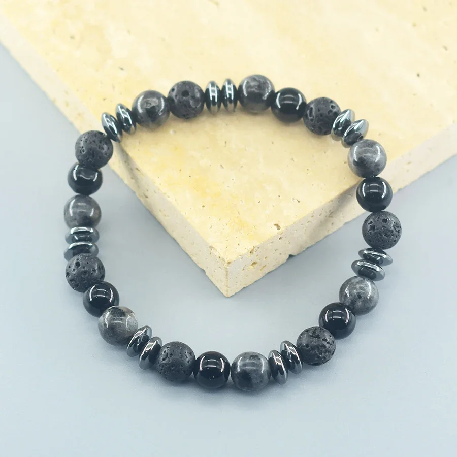 Classic Black Natural Labradorite Volcanic Stone Beads Bracelet Women Men Spiritual Protection and Energetic Banlance Jewelry