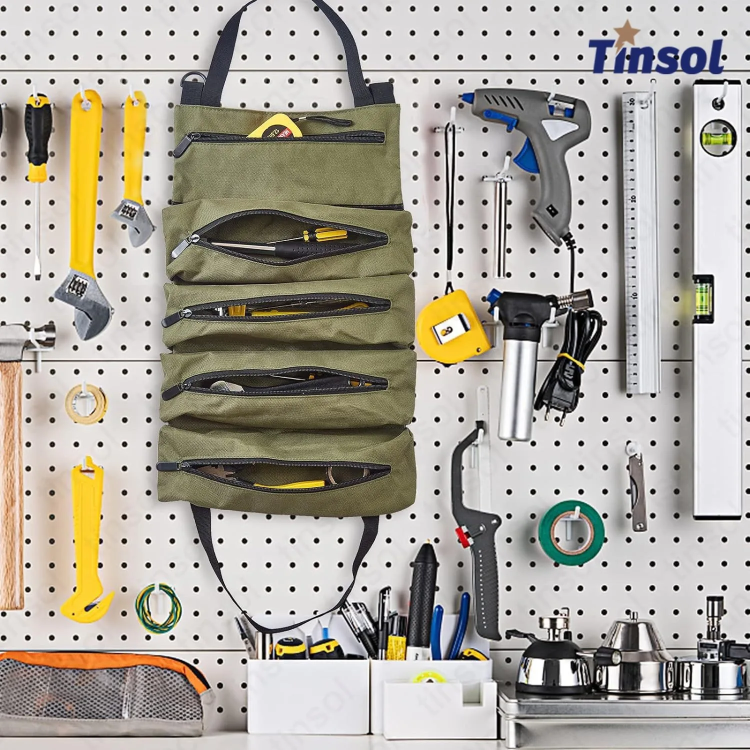 Canvas Tool Organizer Bucket, Multi Purpose Roll Up Wrench Bag, Tool Roll Wrap Storage Case for Car First Aid Kit Garage Bag