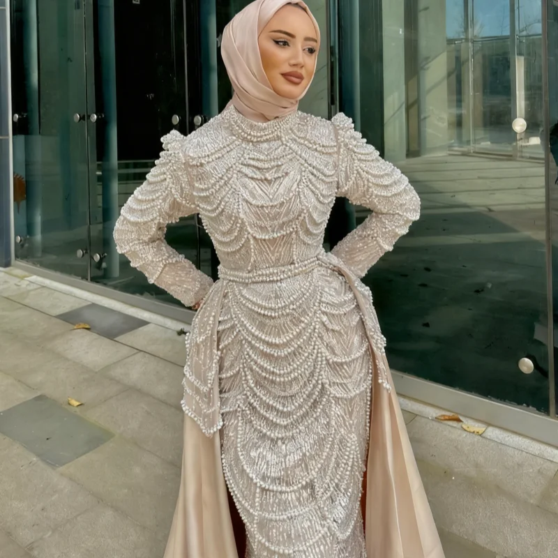 ชุดเดรสแชมเปญแบบใหม่สั่งตัดได้ พร้อมชายกระโปรงถอดได้ ชุดเดรสสำหรับงานพิธีการแบบมุสลิม ทรงเมอร์เมด ชุดราตรี