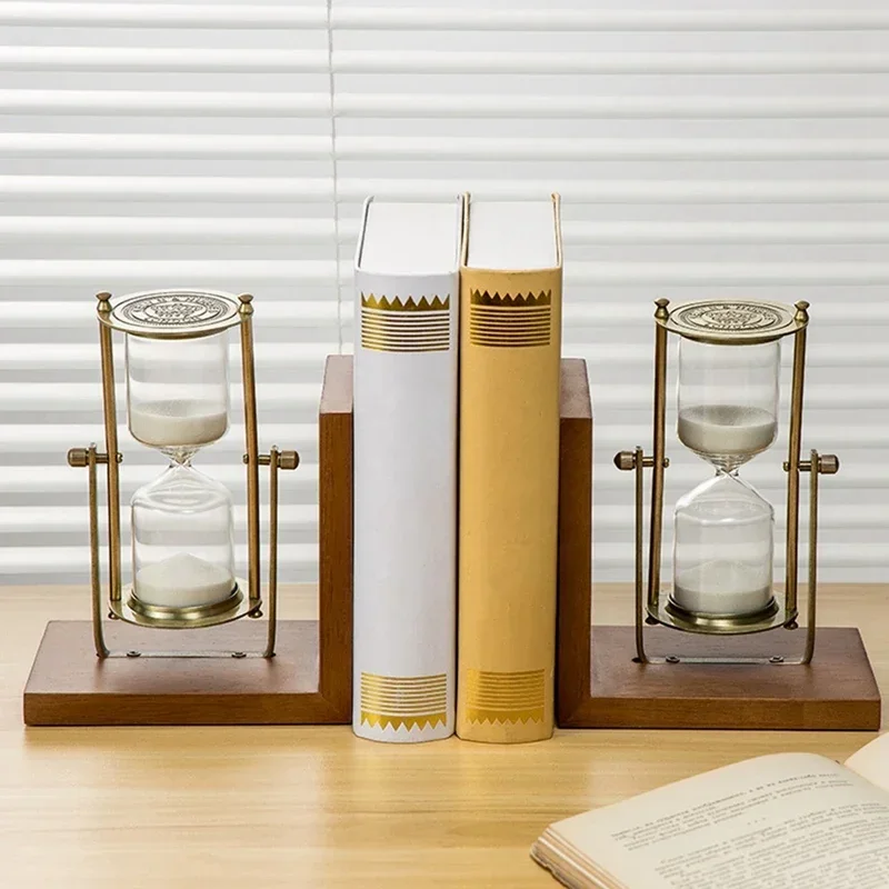 

European Retro Solid Wood Metal Rotating Hourglass Timer 15 Minutes Creative Hourglass Bookend Ornaments