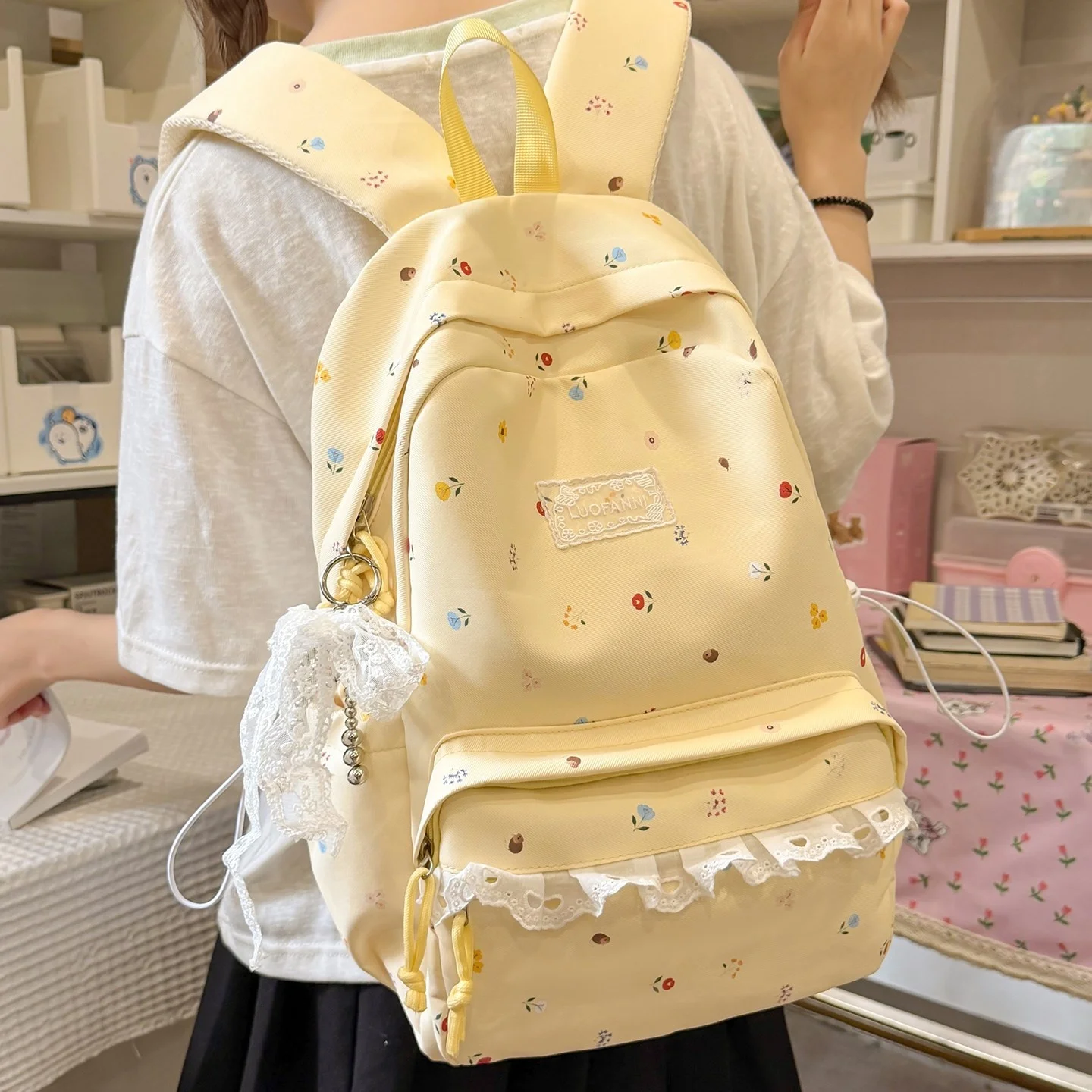Lightweight Floral Lace  School Bag for Junior High School Girls Cute Korean Style Backpack Nylon Material Daily Use