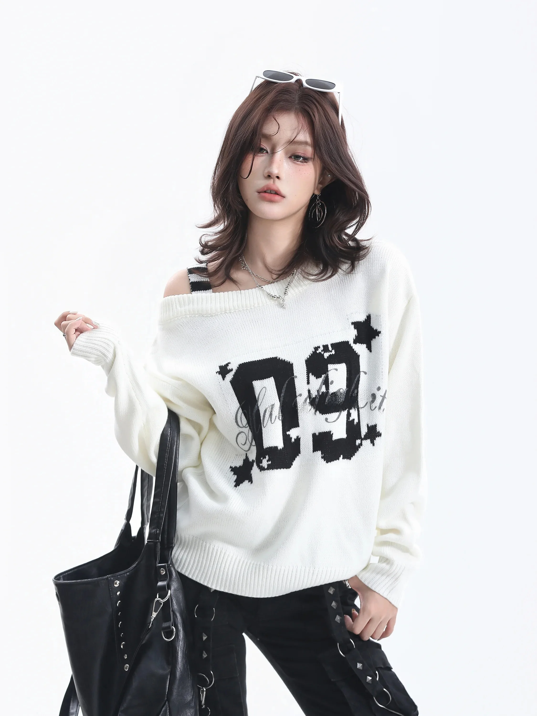 American Retro Diagonal Shoulder Knitted Sweater Digital Embroidery Loose Falling Shoulder Sweet Cool Versatile Shoulder Expo...